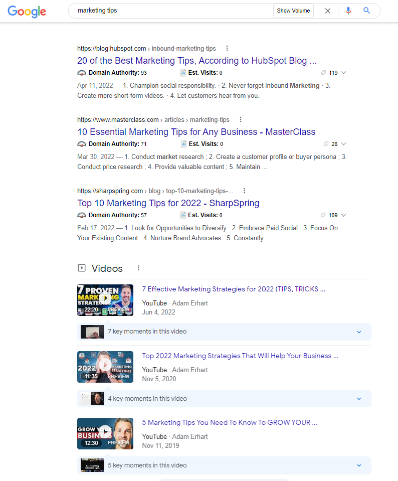 google search results for marketing tips