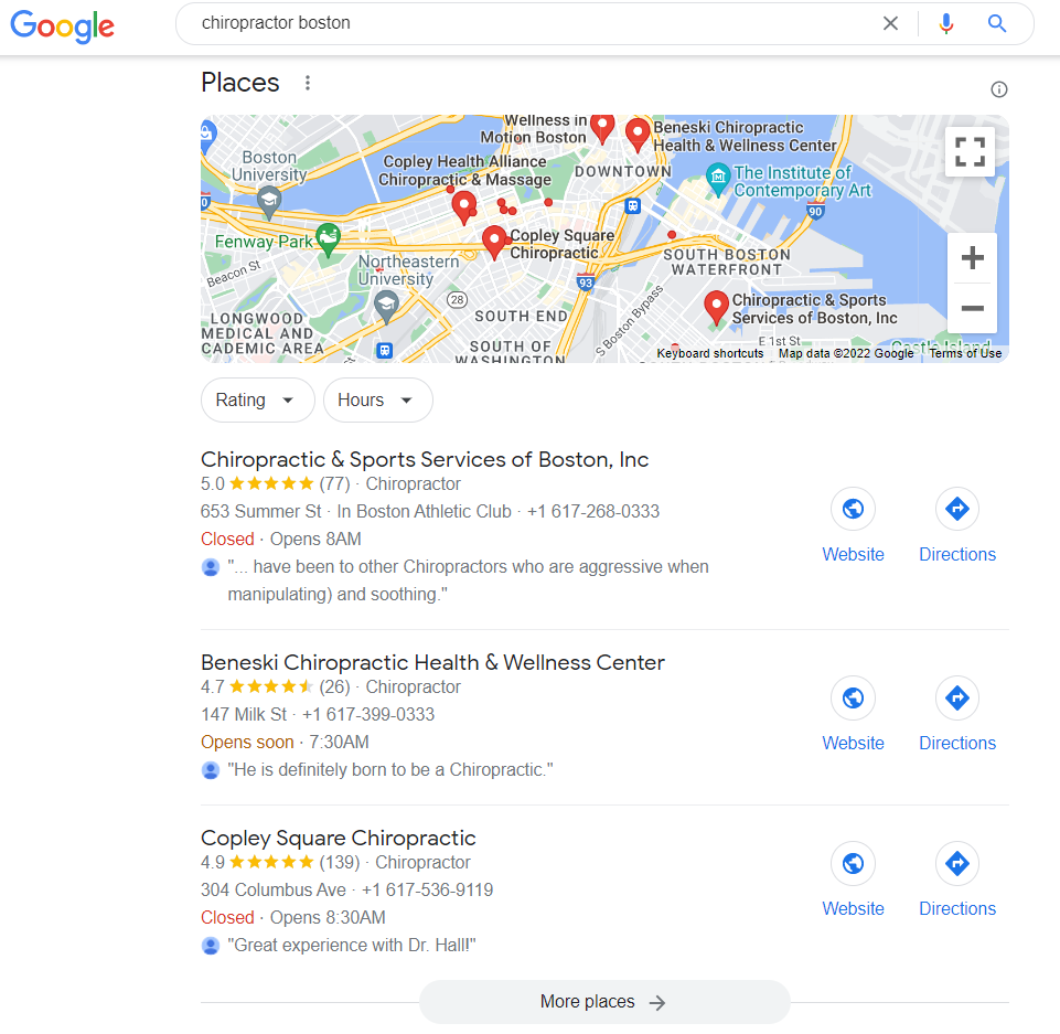 google maps results chiropractor boston