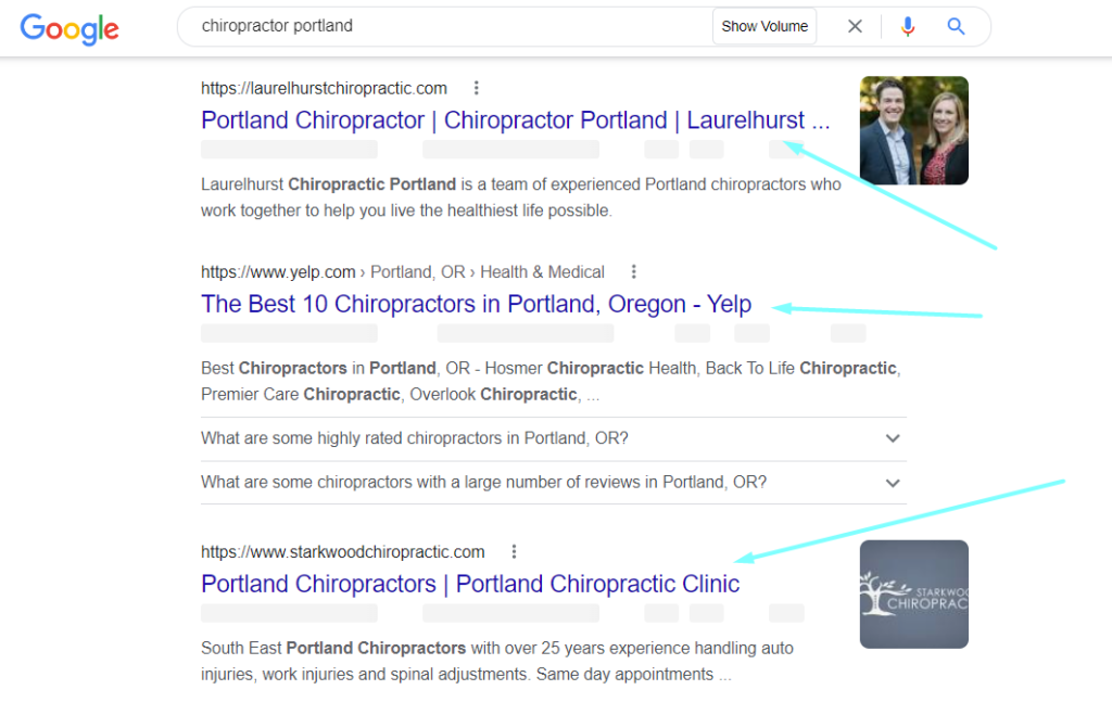 chiropractor portland google results