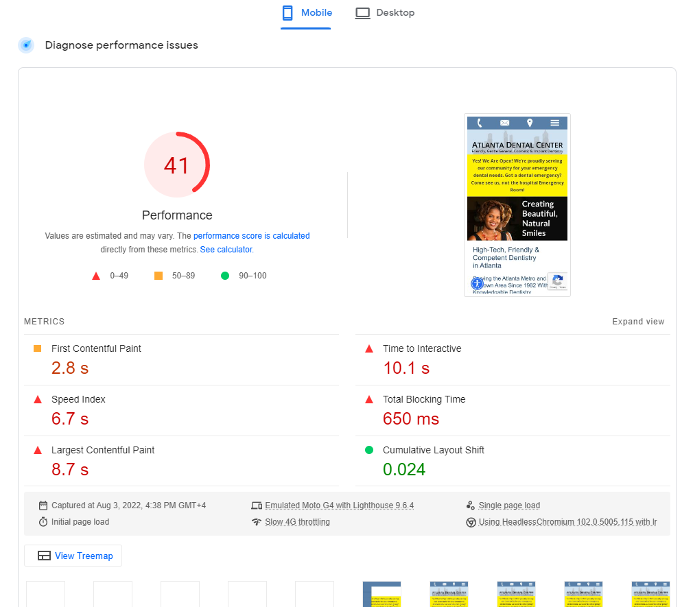 dental website pagespeed insights review